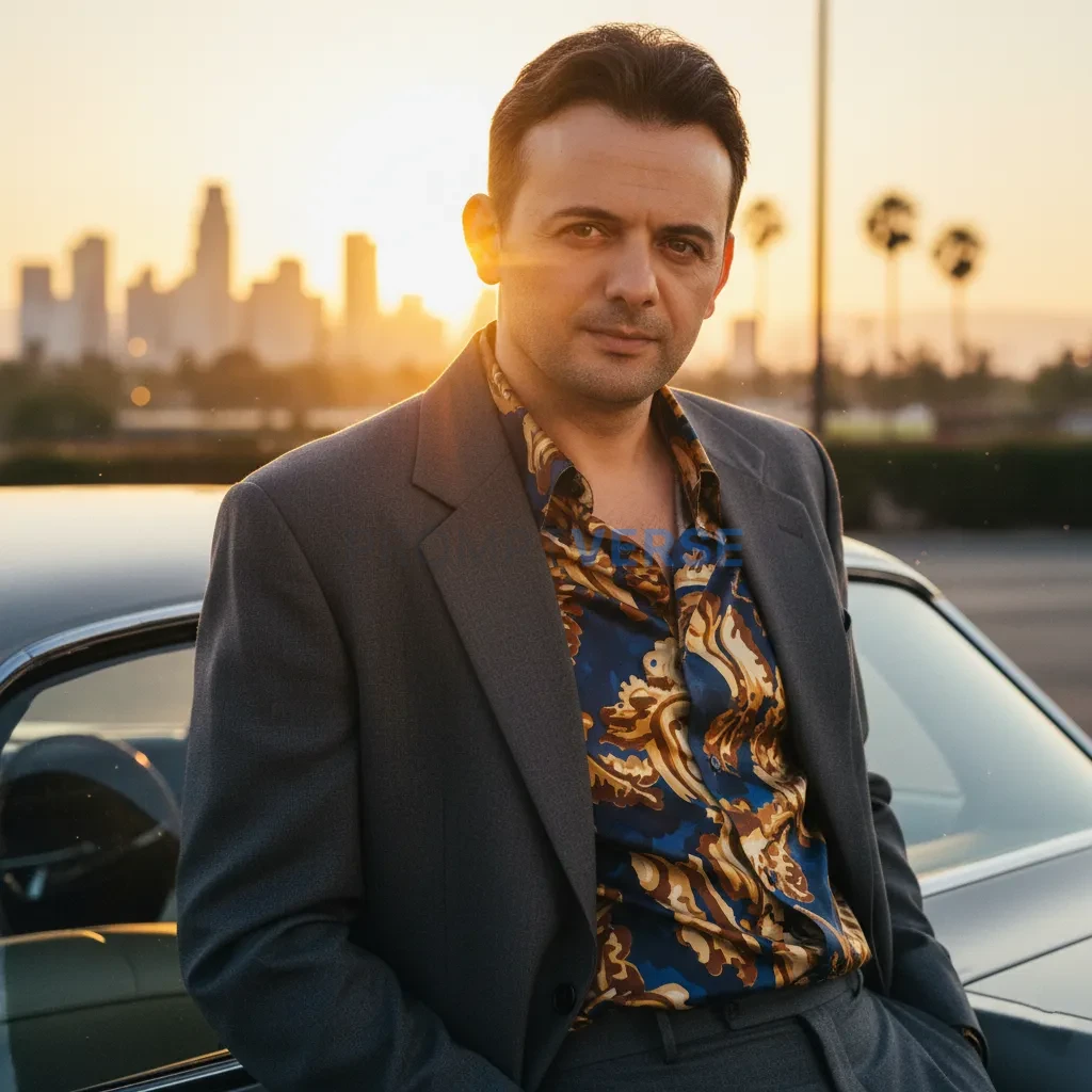 Ultra-detailed close-up portrait, man in a silk patterned shirt and ov
