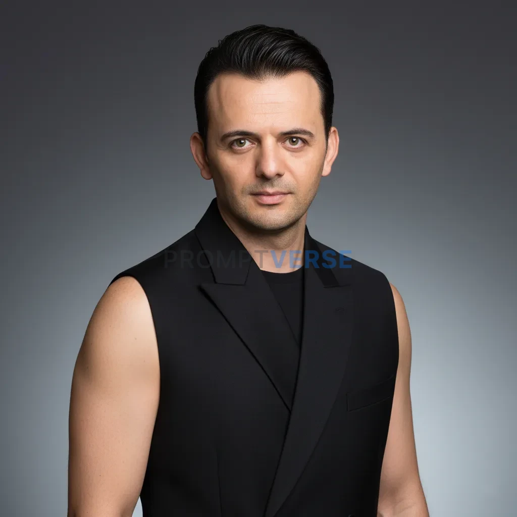 Editorial cinematic portrait, person with sleek hairstyle, minimal hig