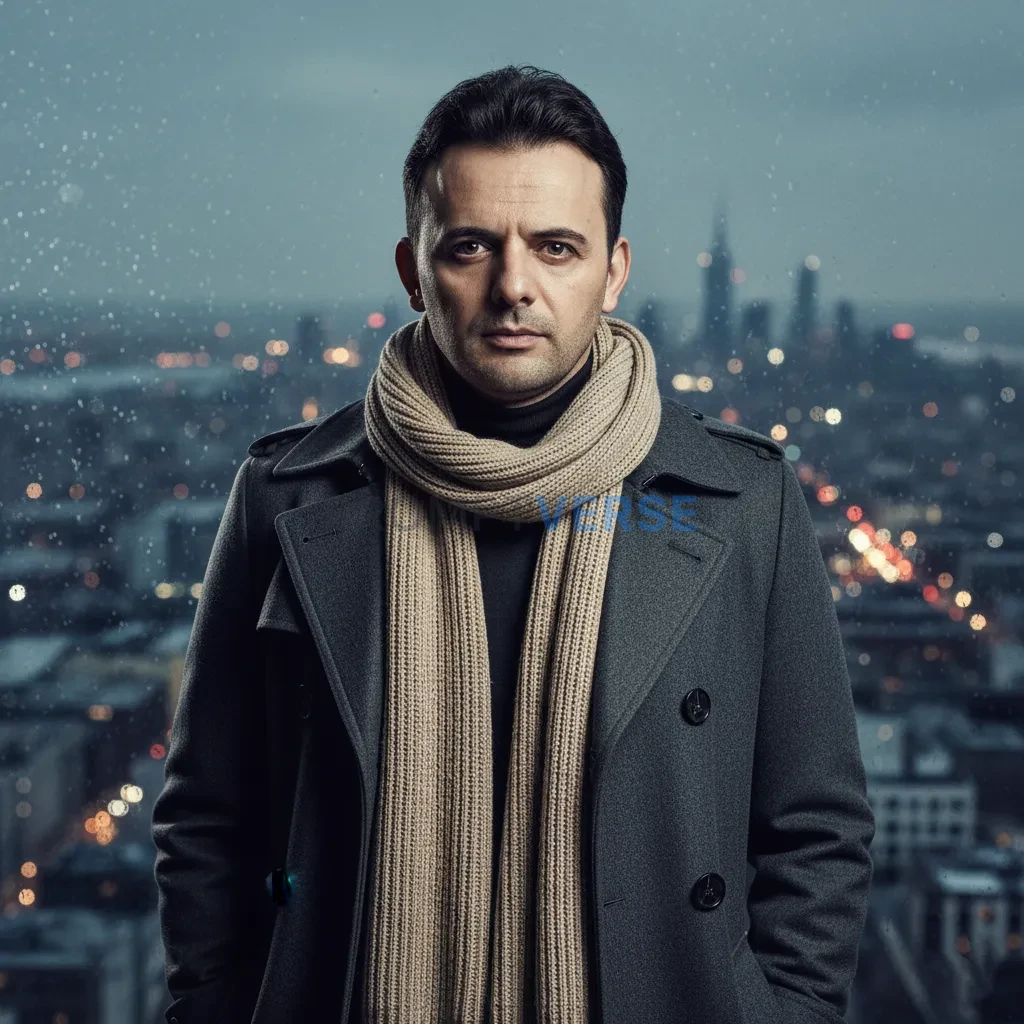 Cinematic fashion portrait, trench coat and scarf, dramatic city backd