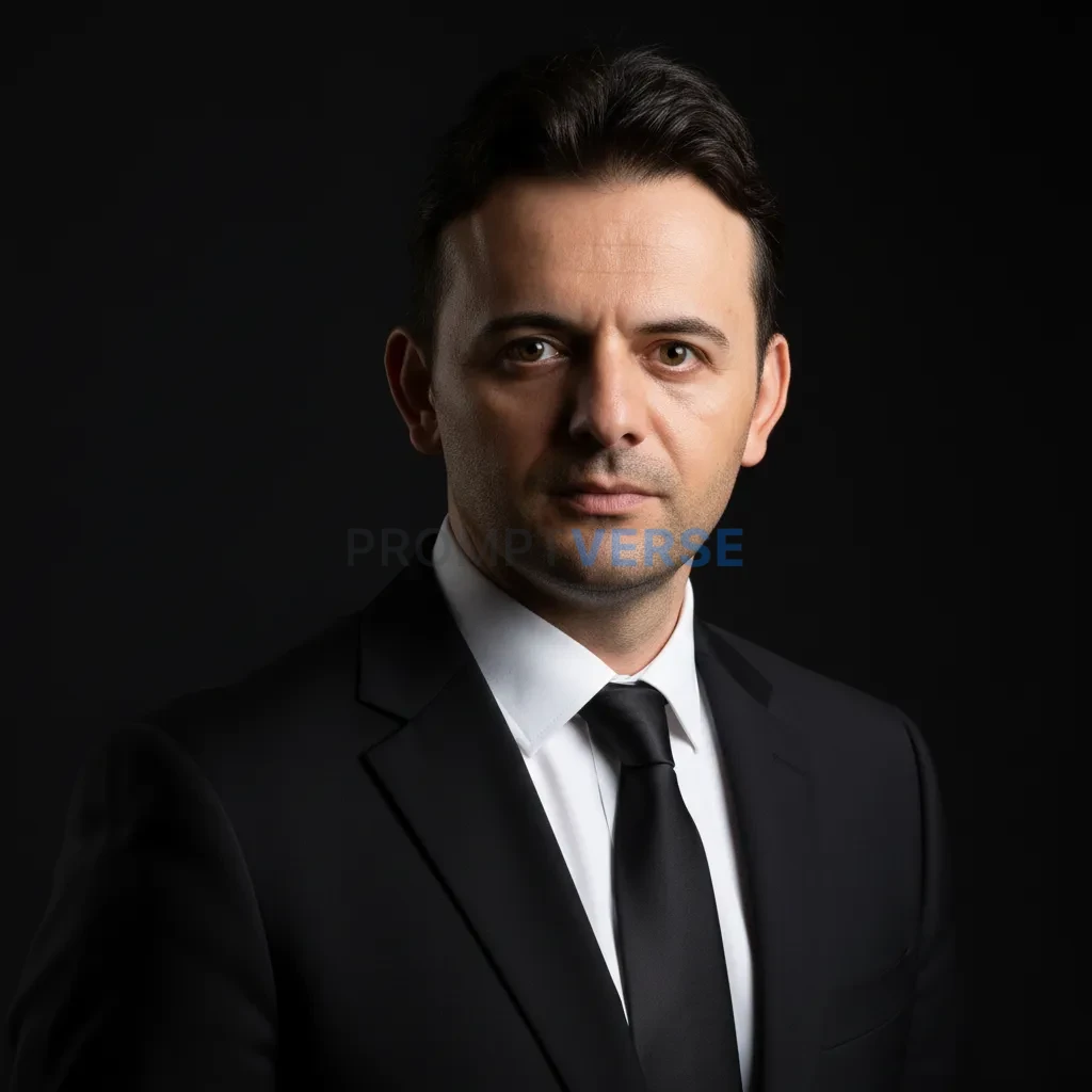 Cinematic portrait, sleek black suit and tie, clean spotlight, timeles