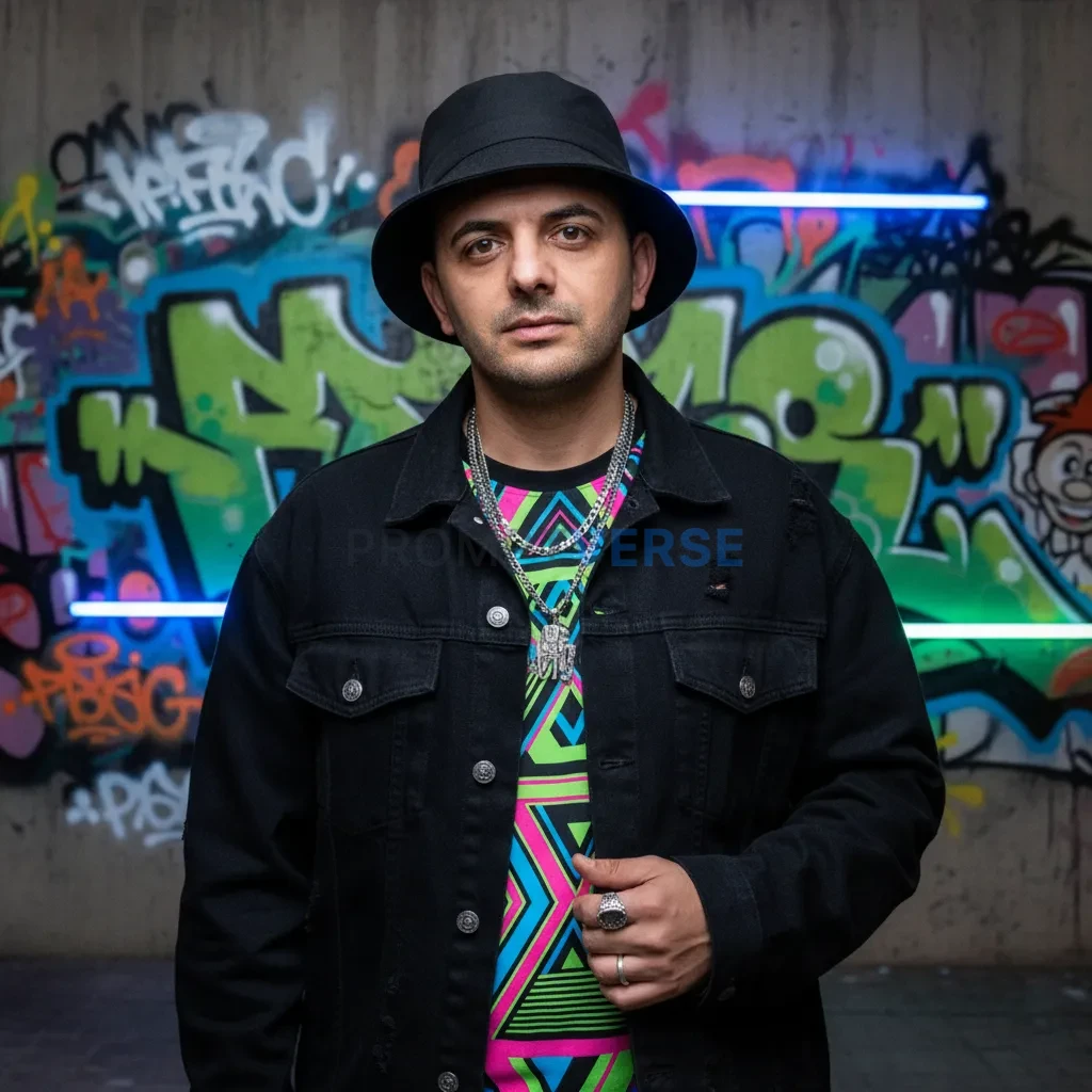 Fun portrait, person wearing a bucket hat and streetwear, neon graffit