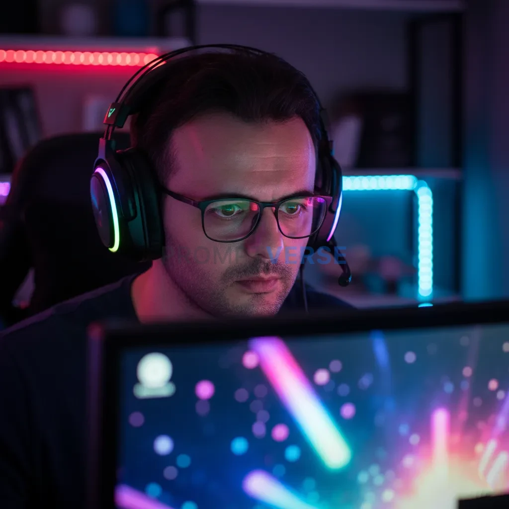 Cinematic portrait, man surrounded by RGB lights, wearing headphones, 