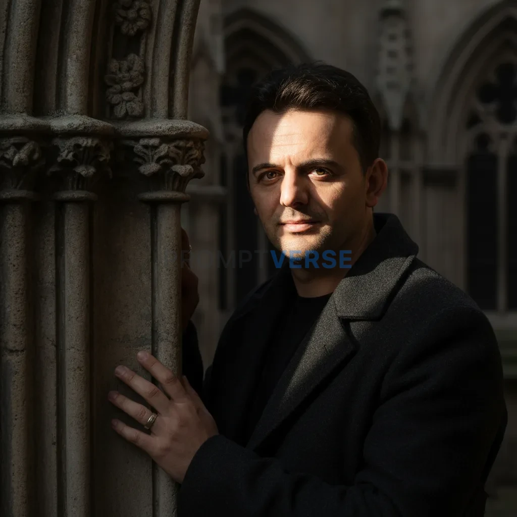 Ultra-detailed close-up, man standing near gothic archway, faint sunli