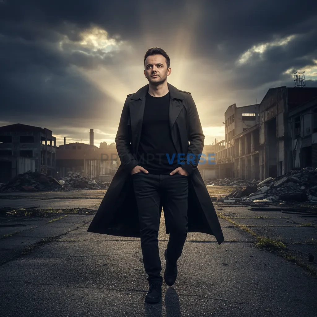 Cinematic portrait, man walking along abandoned industrial area, sun b