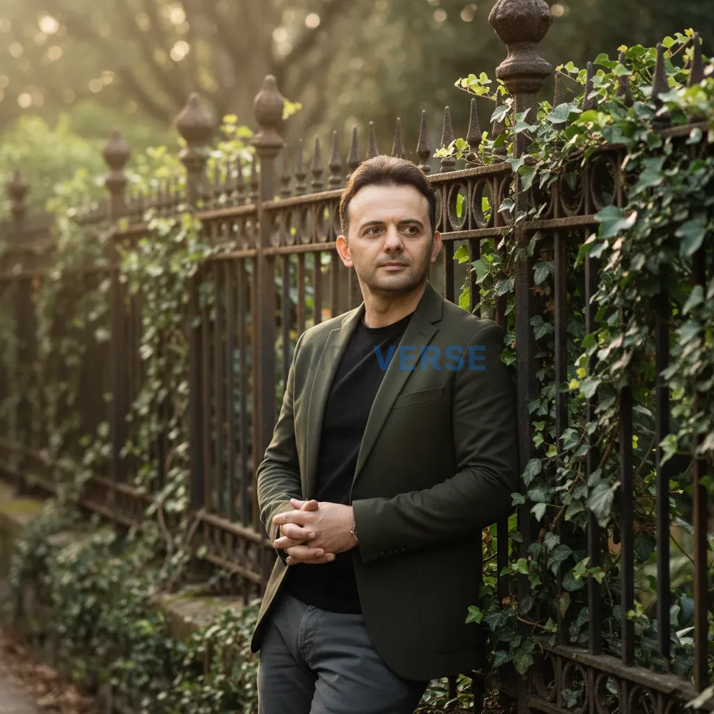 Editorial cinematic portrait, man resting against old iron fence cover