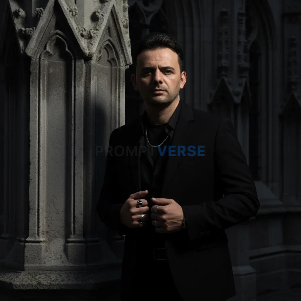 Ultra-detailed fashion portrait, man standing beside gothic stone buil