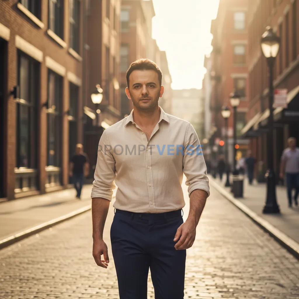 Fashion portrait of a young man wearing light beige shirt walking in u