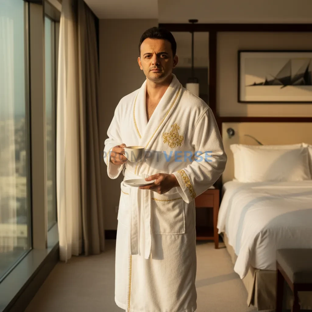 Fashionable young man wearing a white bathrobe with gold accents, stan