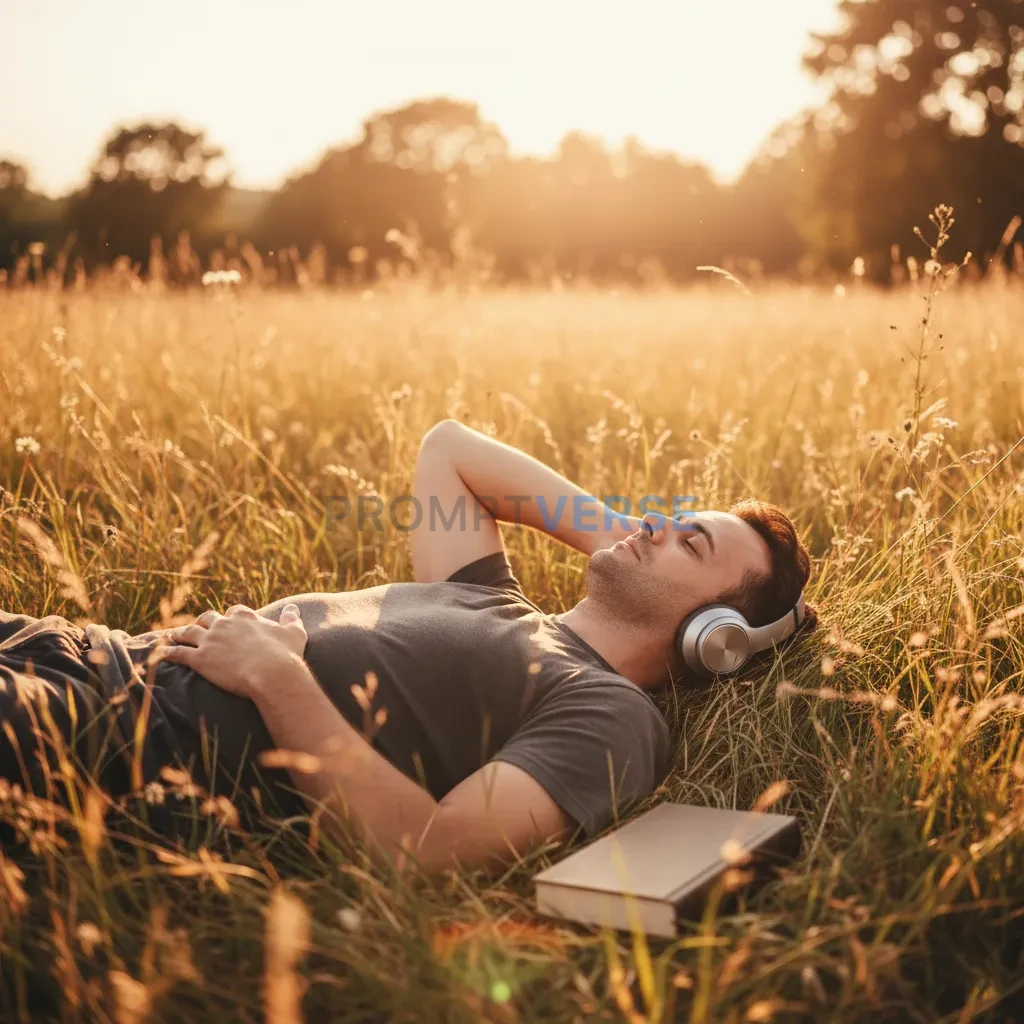 Aesthetic cinematic photo of a man lying in tall grass under sunlight,