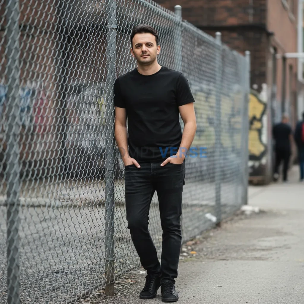 Young man standing beside a chain-link fence, wearing black casual shi