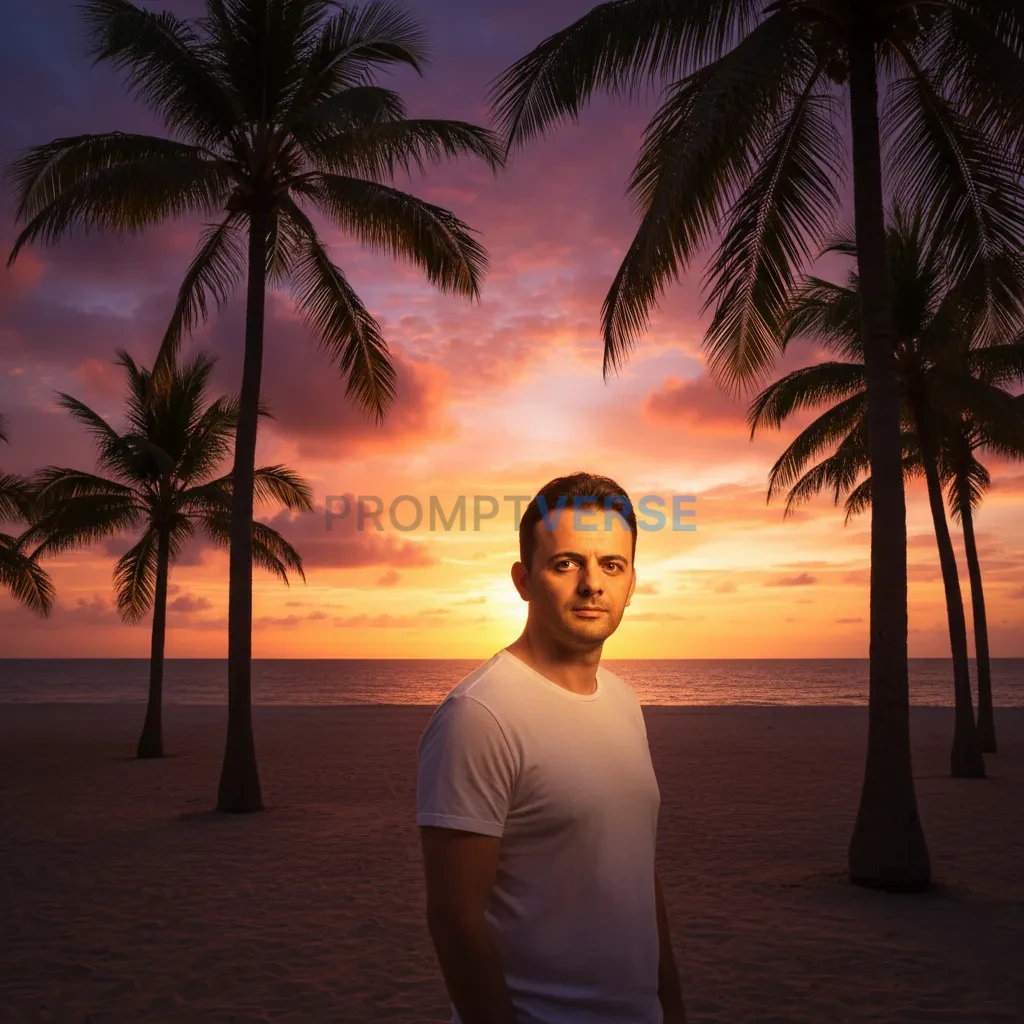 Handsome young man standing near palm trees during sunset, warm lighti