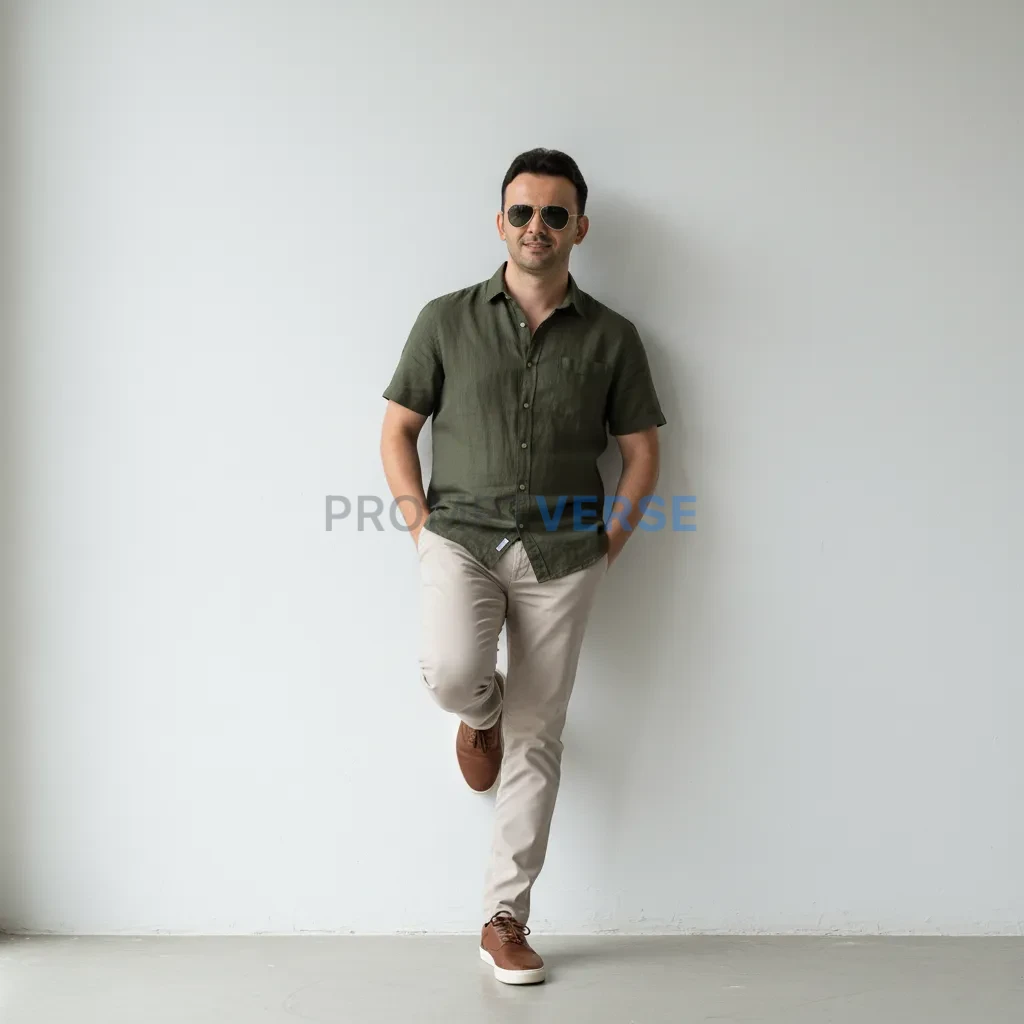 Modern portrait of a young man wearing sunglasses, leaning casually ag