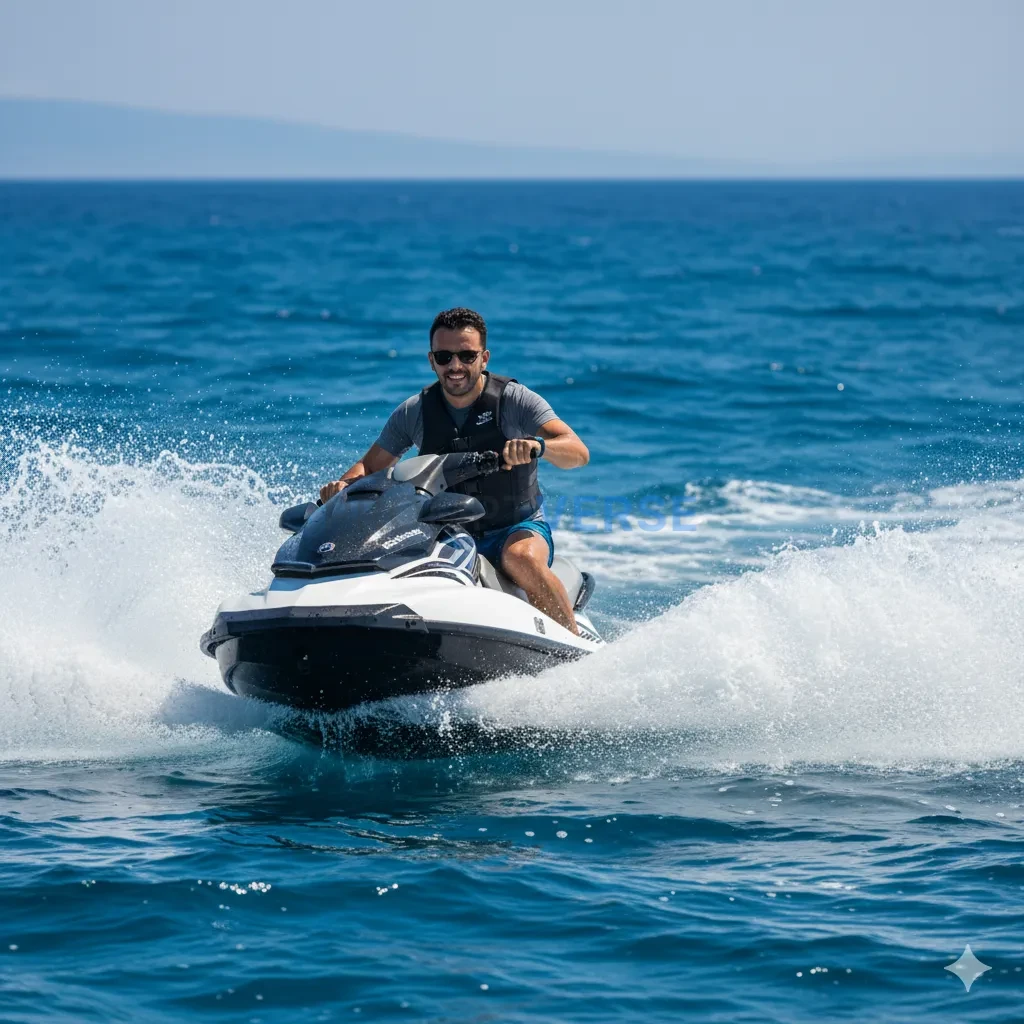 A young man riding a jet ski in the ocean, splashing water around, bri
