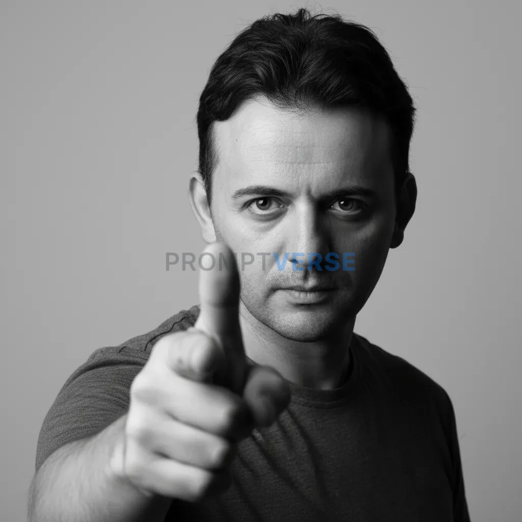 A highly stylized, hyper-realistic black and white portrait of a confi