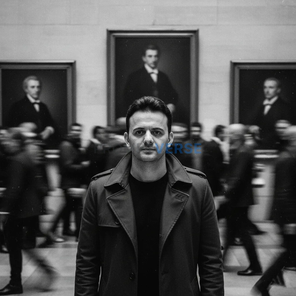 A young man stands still in a crowded, fast-moving urban setting. The 