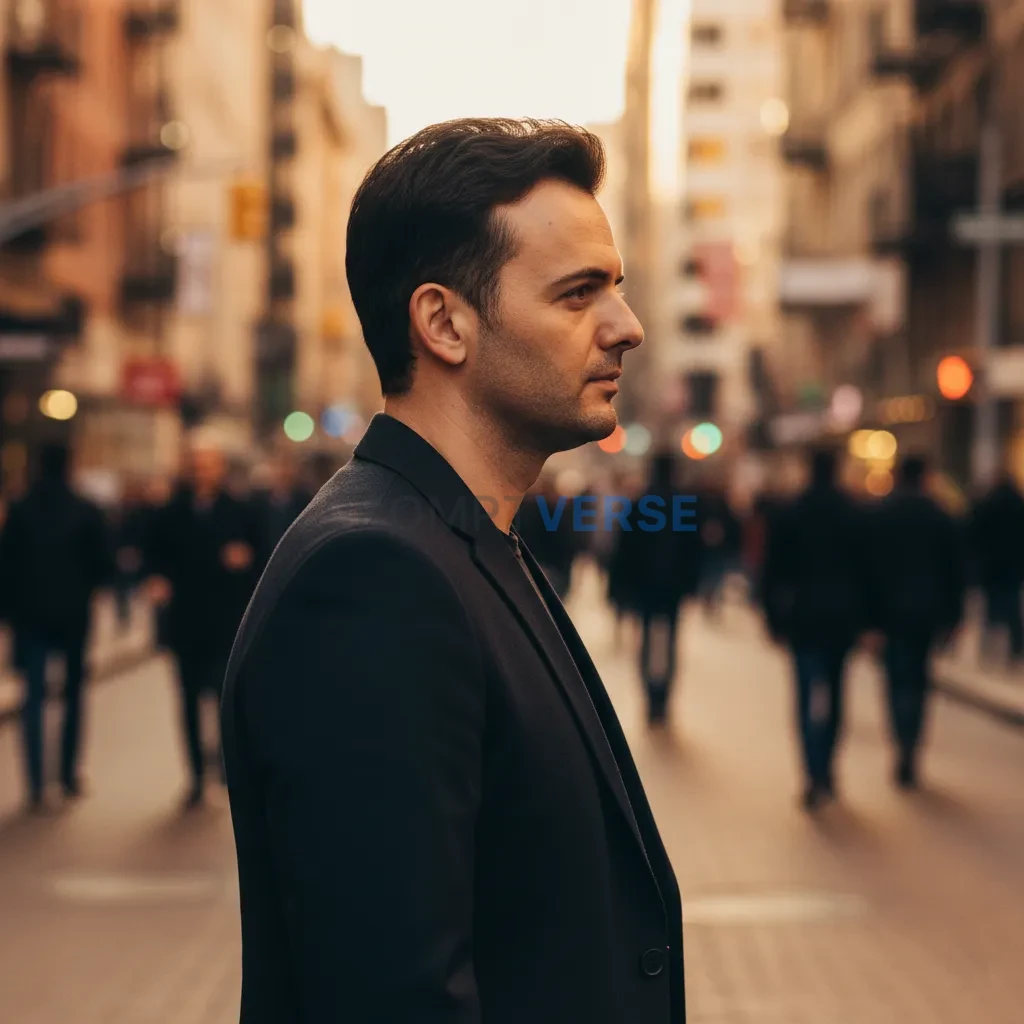 A sharp cinematic portrait of me standing in profile in the middle of 