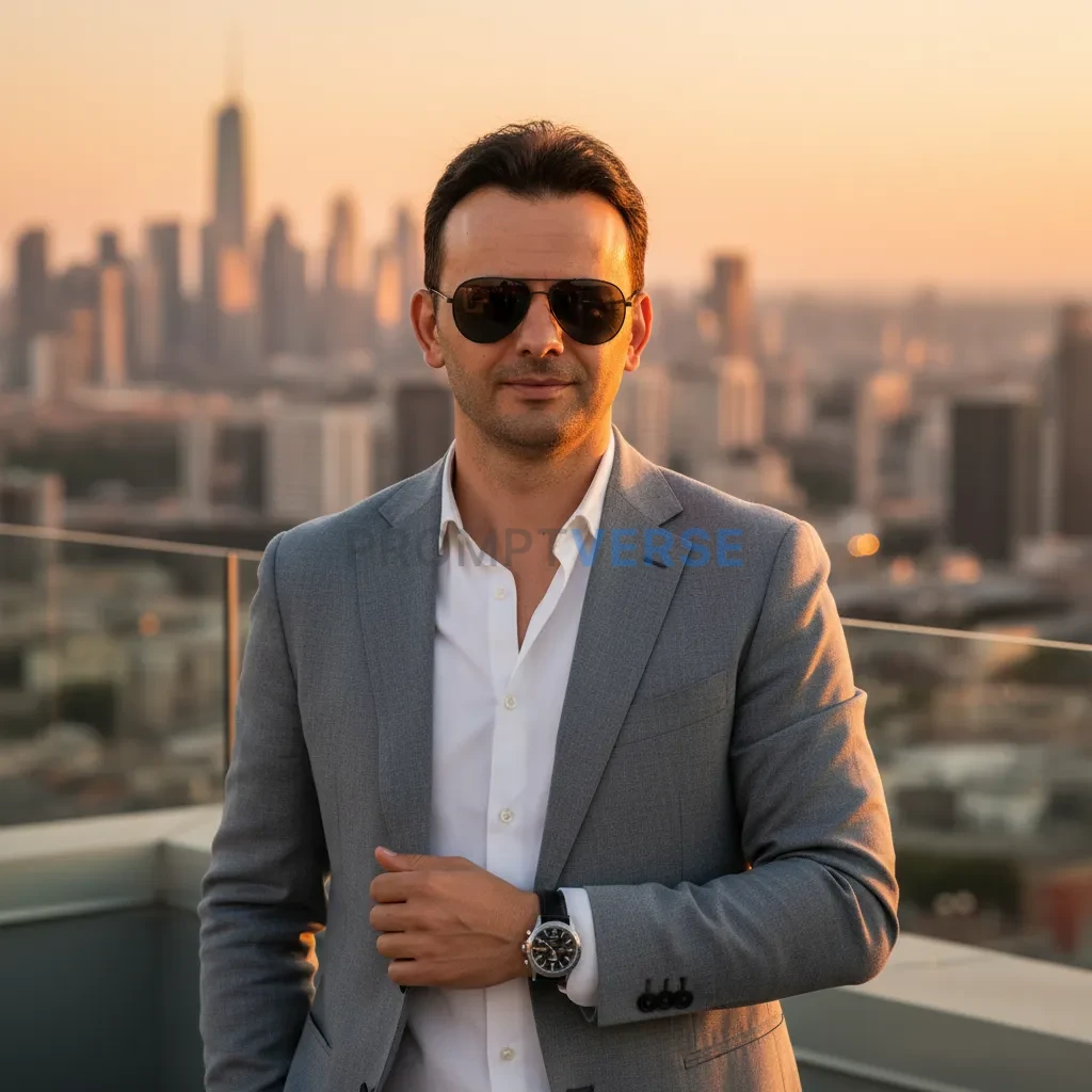 Produce a luxurious rooftop portrait with skyline in the background. M