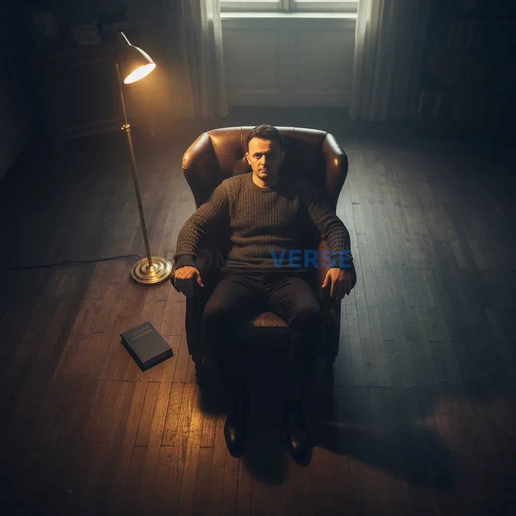 A dramatic overhead cinematic shot of a stylish individual seated alon