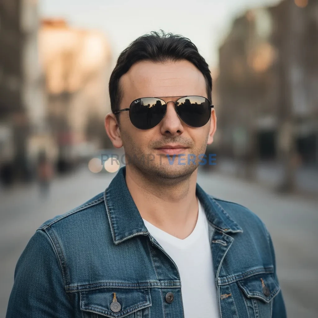 Cinematic portrait, person in denim jacket and stylish sunglasses, blu