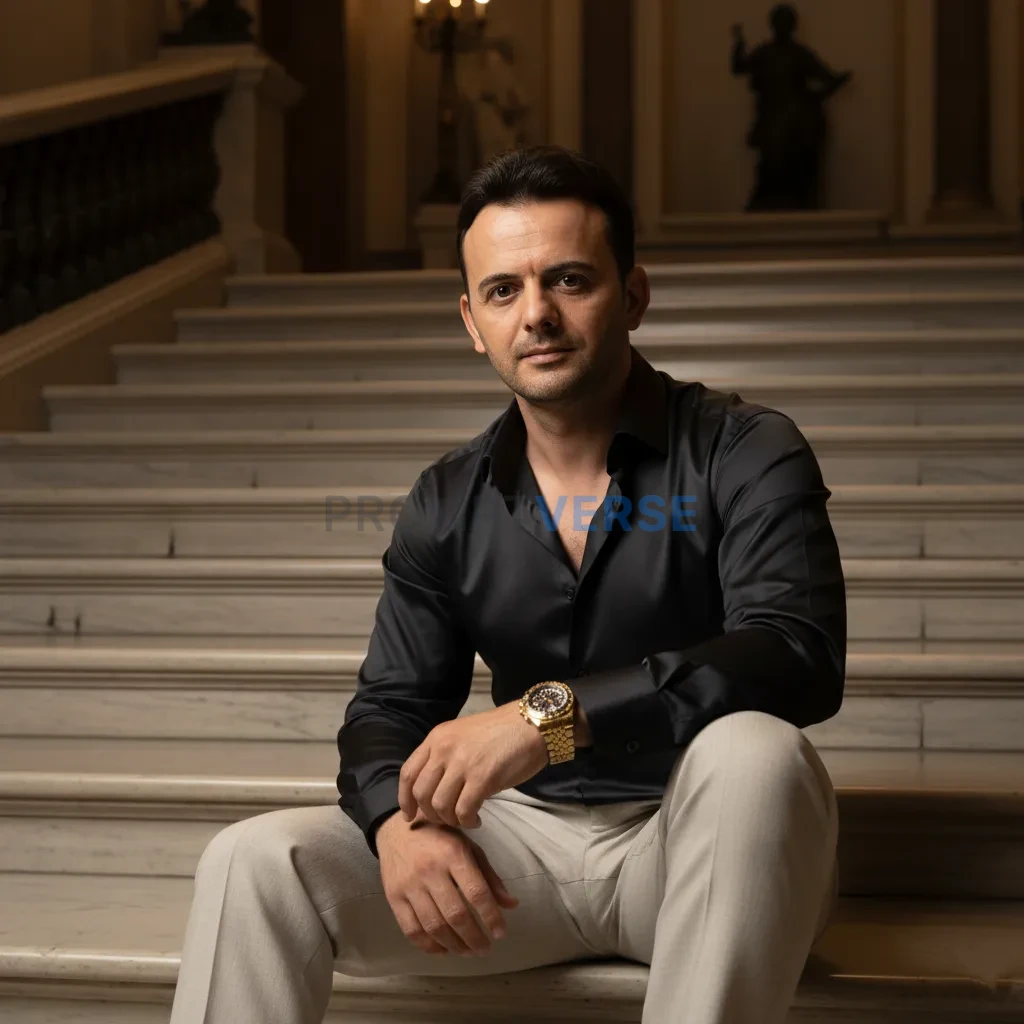 Cinematic portrait of a man in a silk shirt and tailored trousers, sea