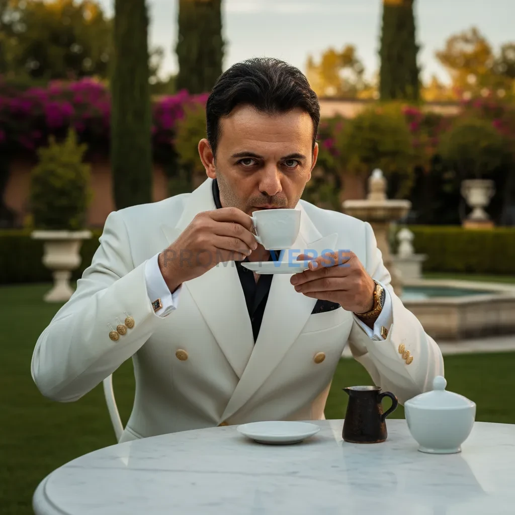 Cinematic headshot, mafia boss in white blazer with gold cufflinks, si