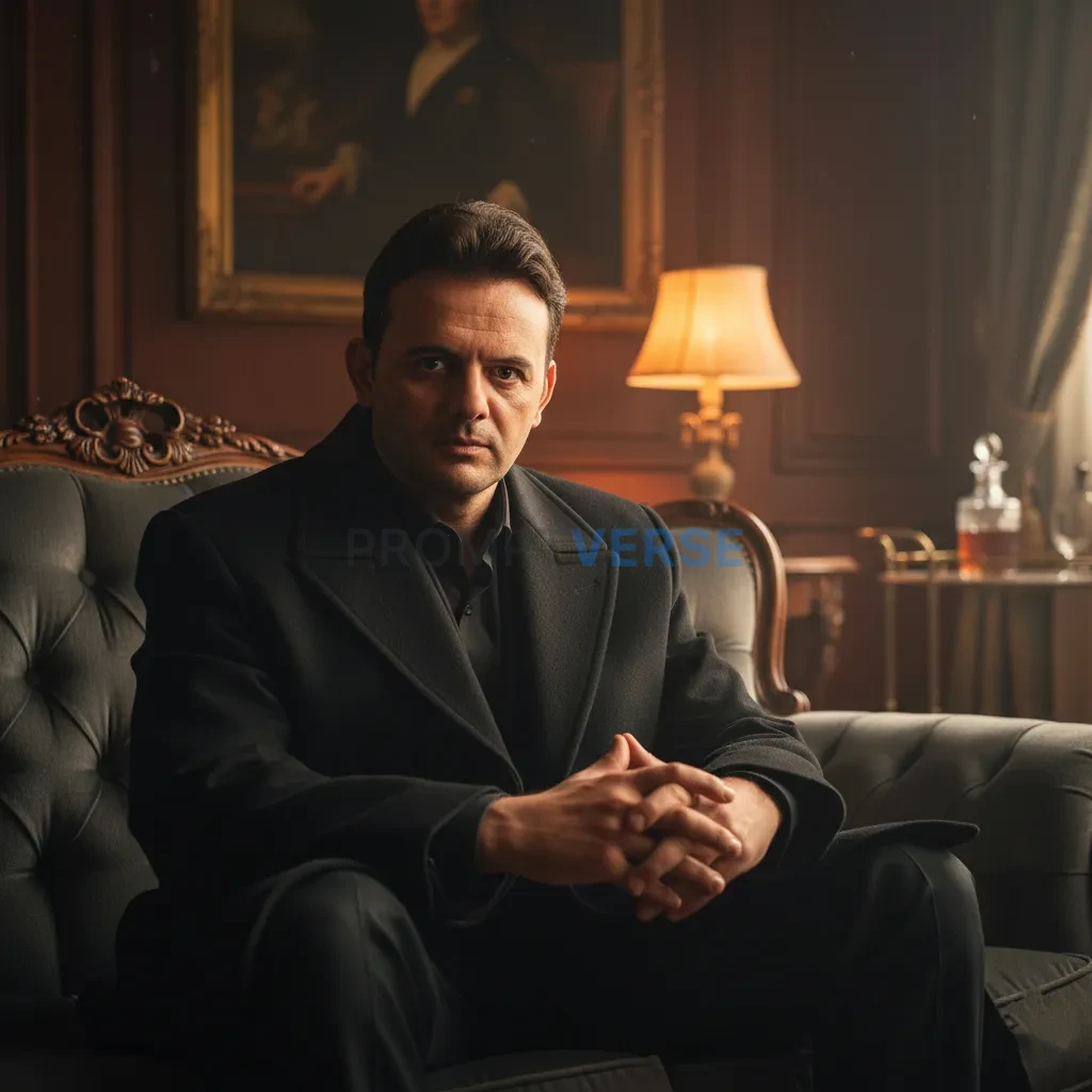 Cinematic portrait of a mafia boss in a cashmere coat, seated on a lux