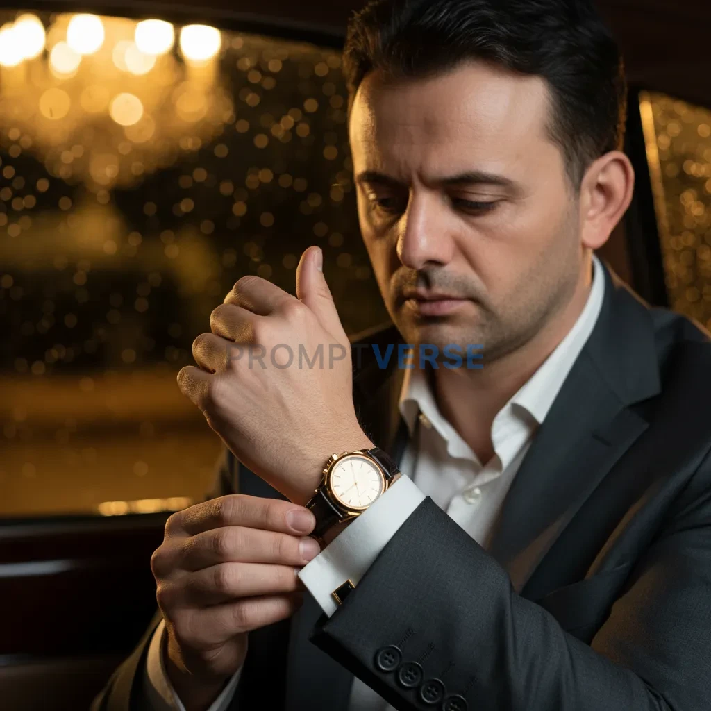 Cinematic close-up, mafia boss adjusting cufflinks, golden interior li