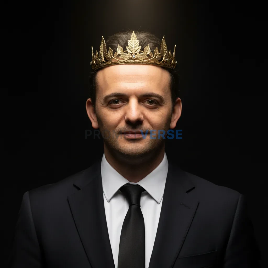 Close-up portrait of a man in tailored suit wearing subtle golden crow