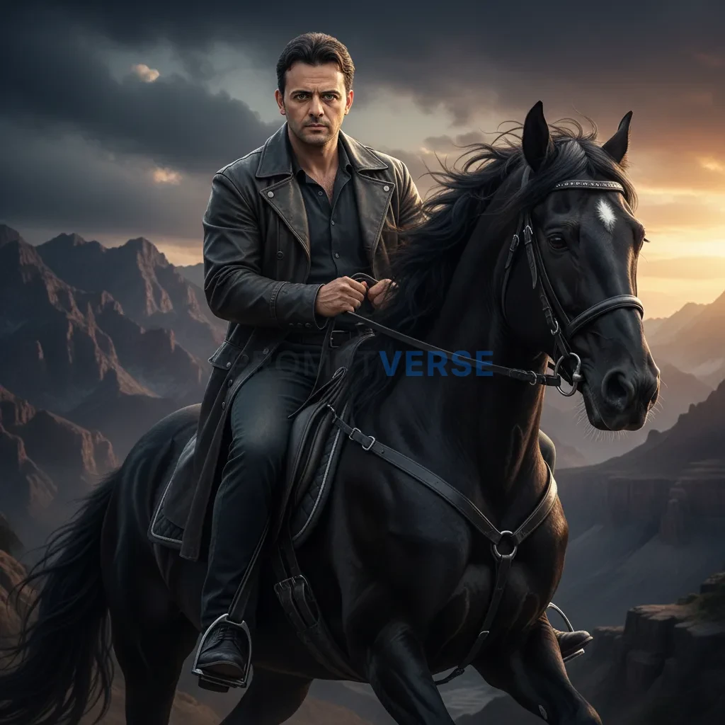 Cinematic close-up of a man on a black stallion, dramatic mountain bac