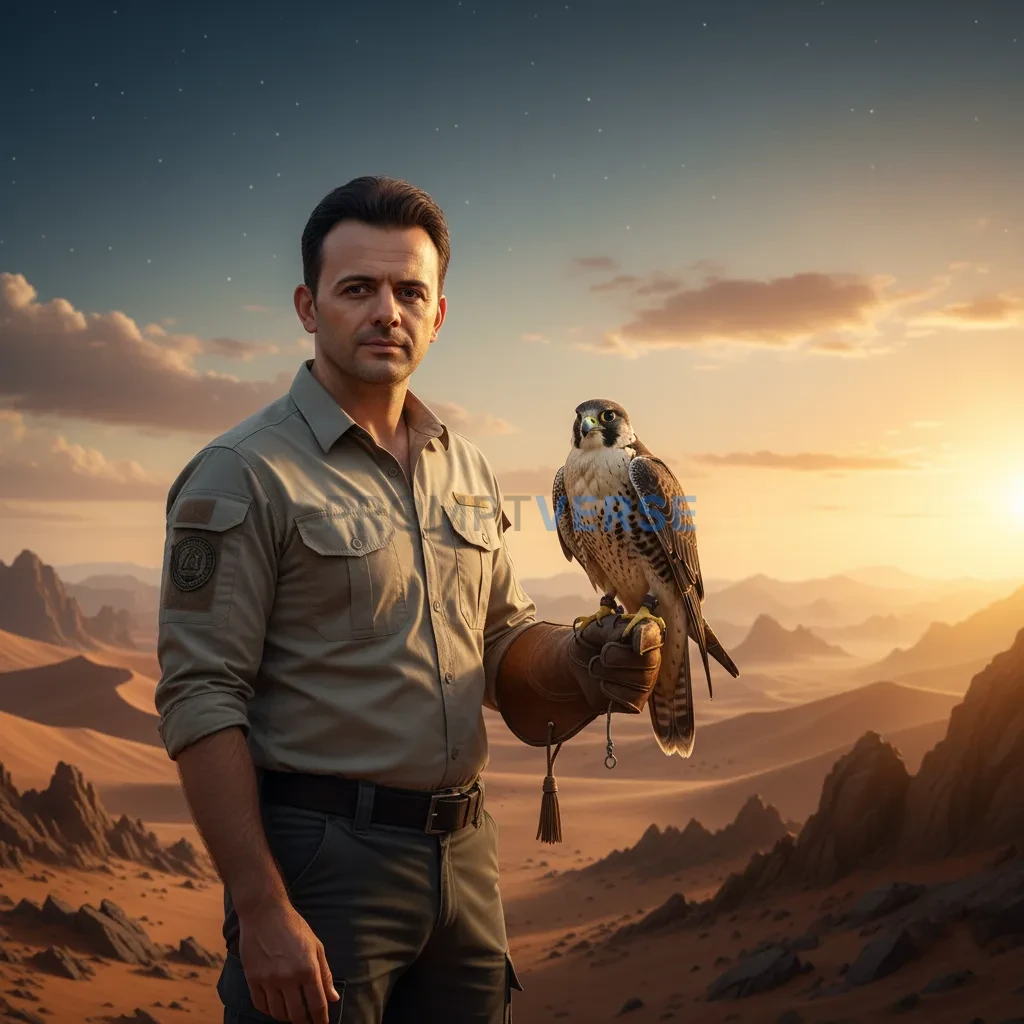 Ultra-detailed portrait of a man with falcon perched on his gloved han