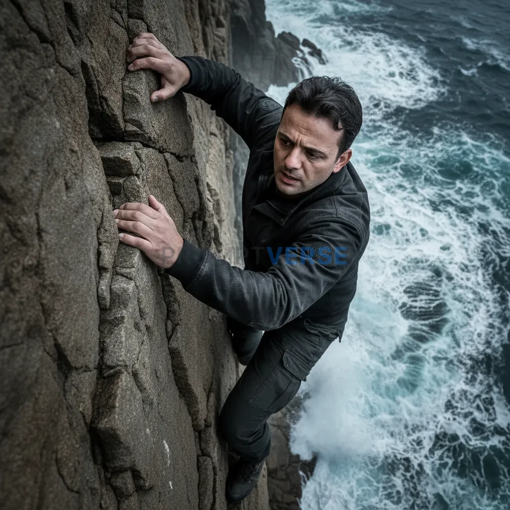 Cinematic action portrait of a man clinging to rocky cliff edge, roari