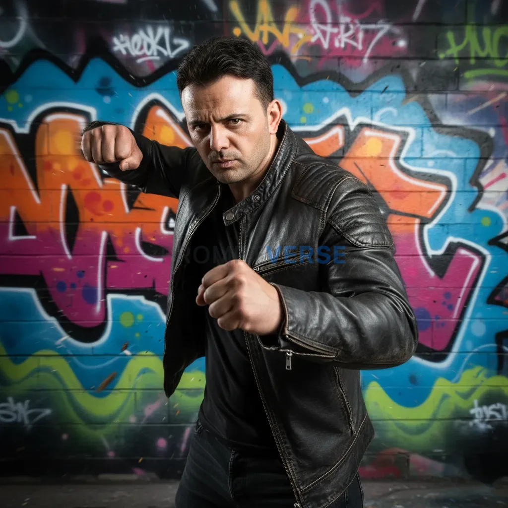 Ultra-detailed portrait of a man in leather jacket throwing a punch, c