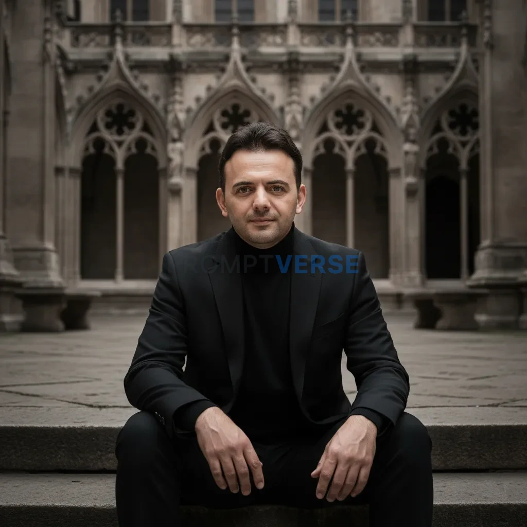 Ultra-detailed editorial portrait, man sitting on steps in gothic cour