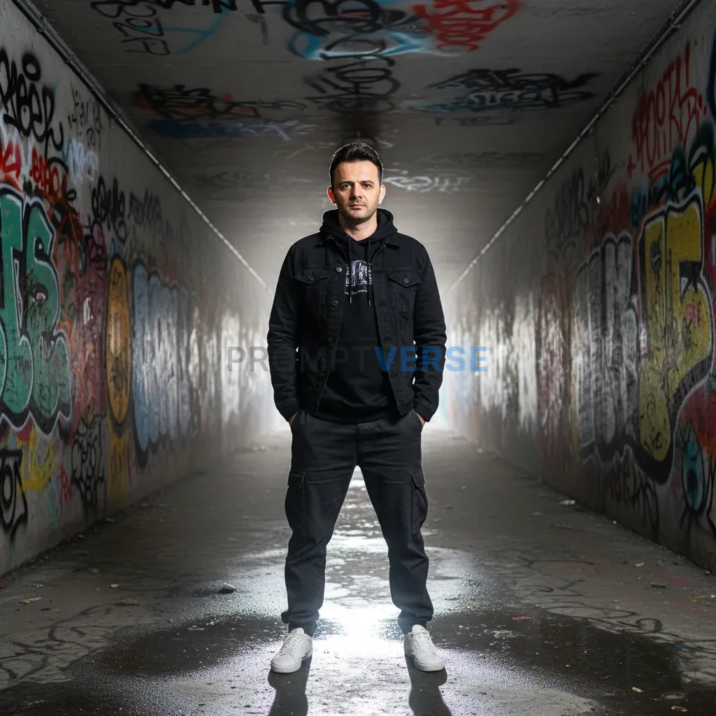 Cinematic editorial shot, man in modern streetwear standing in graffit