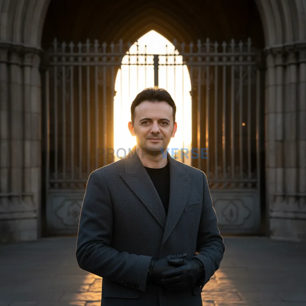 Editorial portrait, man standing in front of old cathedral gates, wear