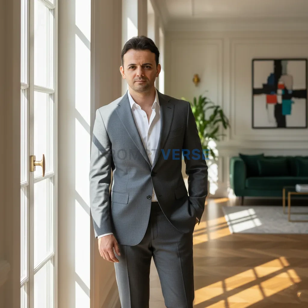 Fashion model in grey suit with white shirt, luxury interior, natural 