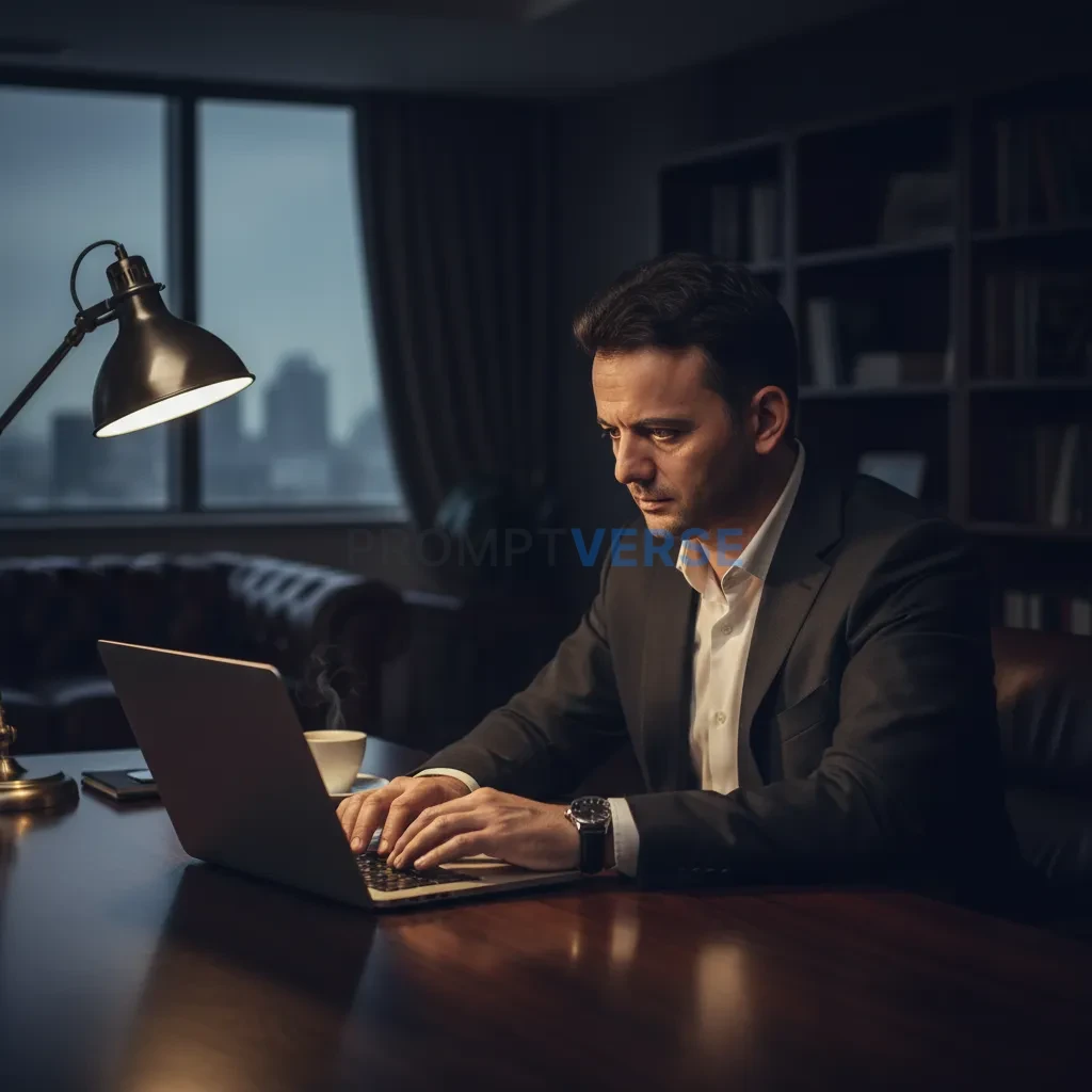 Businessman sitting at a wooden desk with laptop, focused expression, 