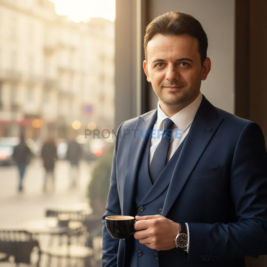 Portrait of a man in formal attire holding a coffee cup, shallow depth