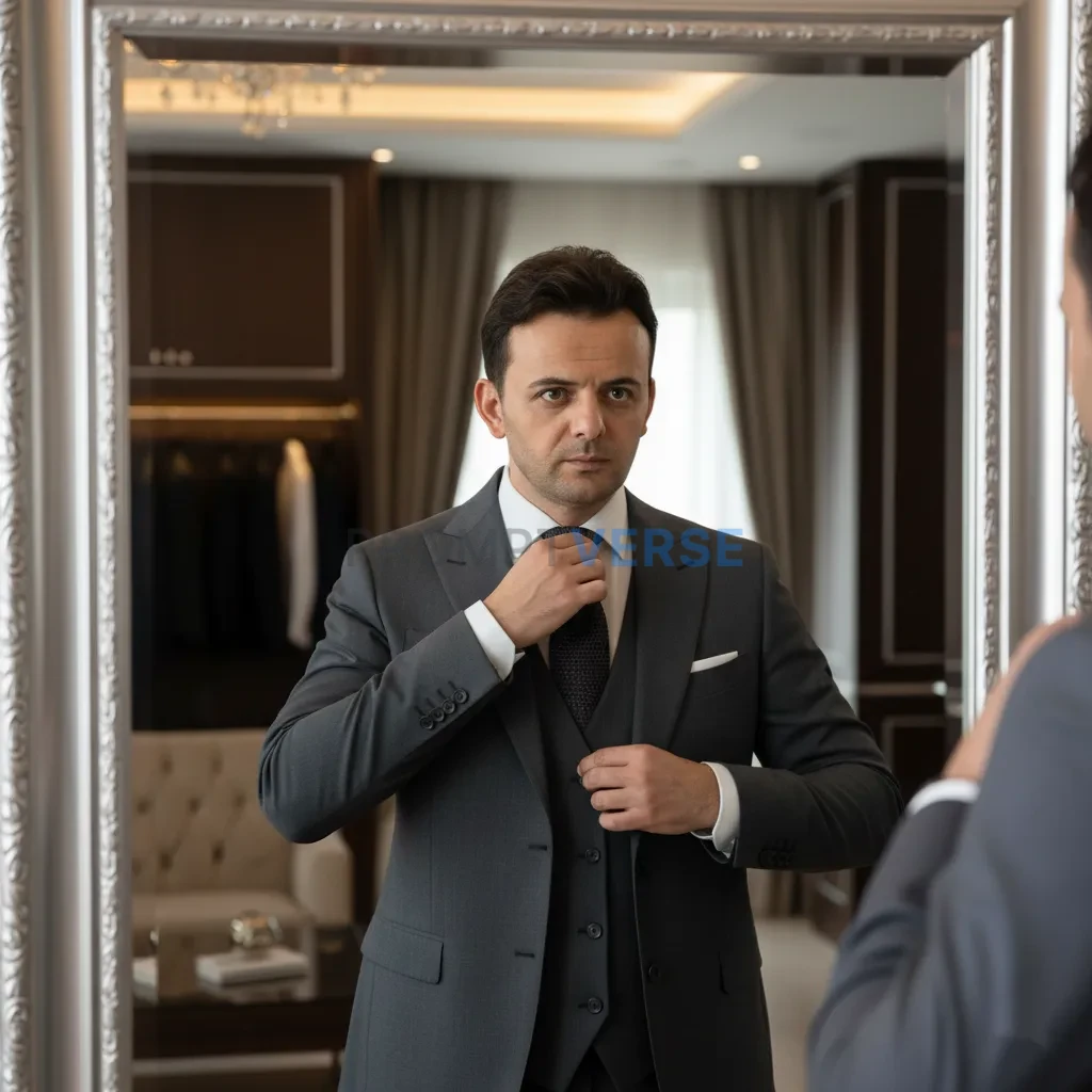 Stylish man adjusting his tie in front of a mirror, soft indoor lighti