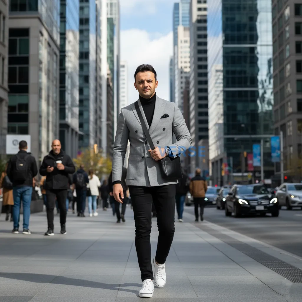 “Fashion influencer style man walking confidently in front of skyscr