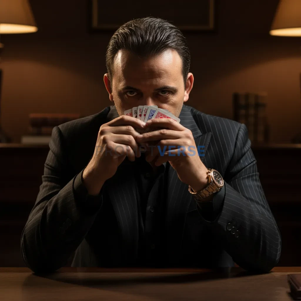 Here's a high-quality close-up portrait of a mafia boss holding playin