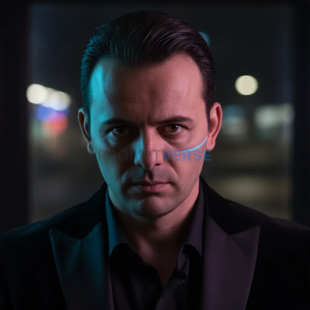 Here's an ultra-detailed headshot of a mafia boss with a piercing star