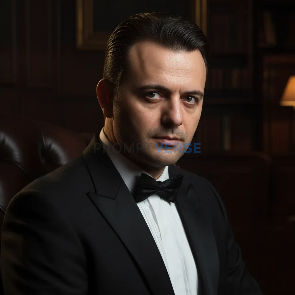 Here's a close-up cinematic portrait of a mafia boss in a tuxedo, with