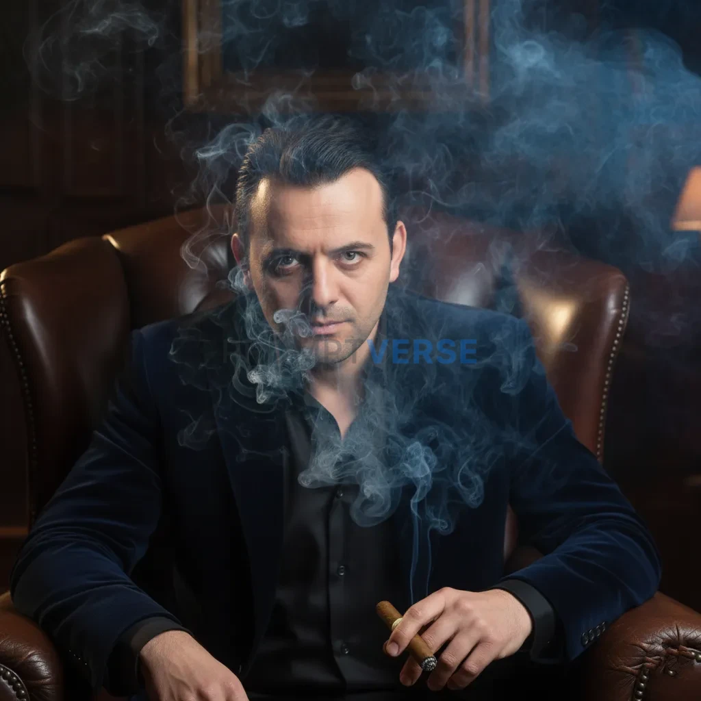 Here's an editorial headshot of a mafia boss leaning forward in a leat