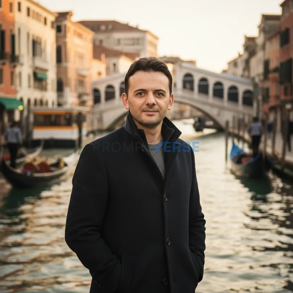 Editorial portrait, man standing by the canals of Venice in tailored c