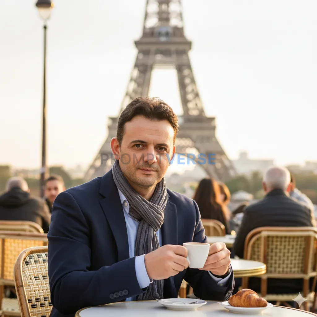 Editorial portrait, man sitting at a street café in Paris, Eiffel Tow