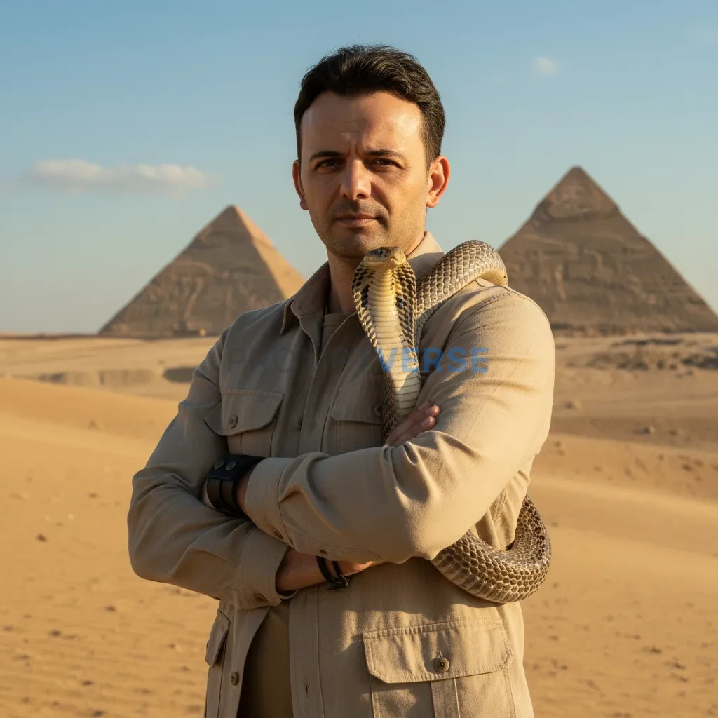 Editorial portrait of a man in Egypt, standing confidently with arms c