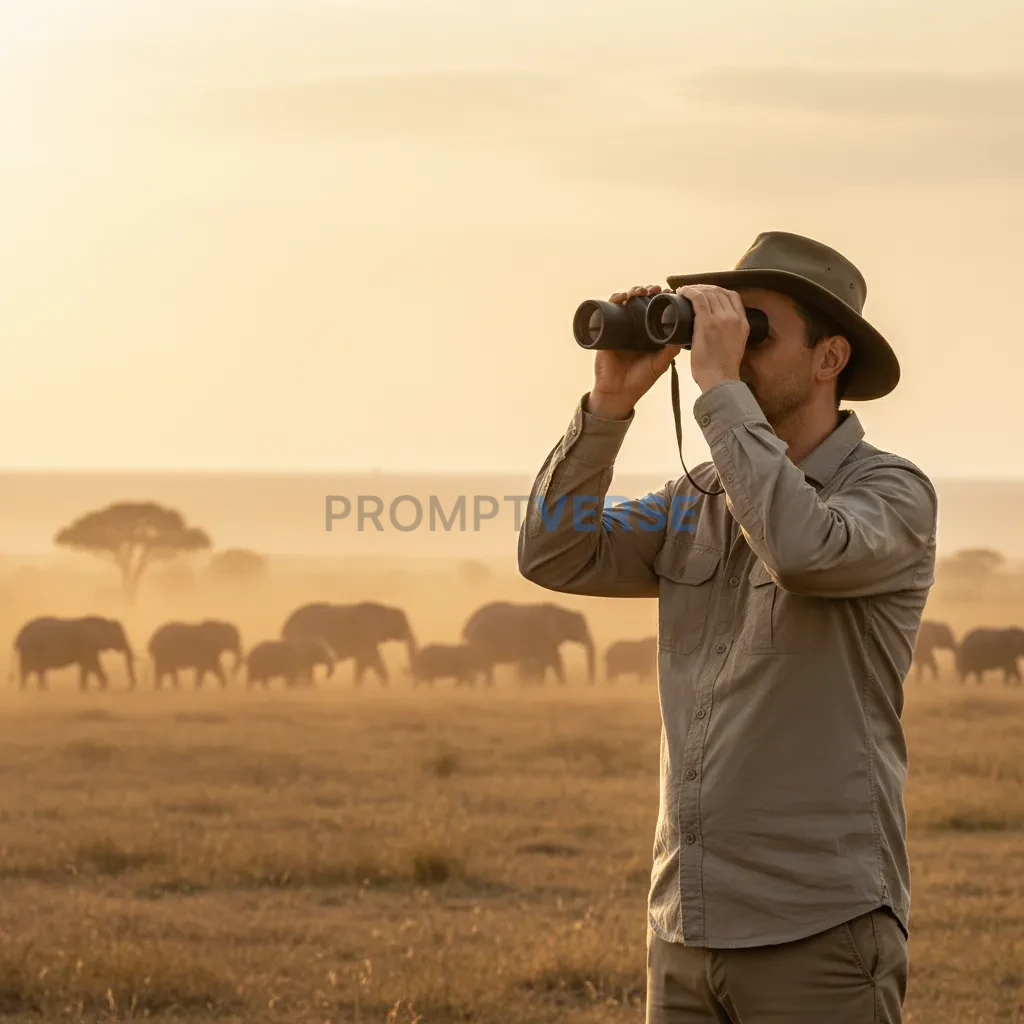 Ultra-detailed portrait, man standing calmly in the savannah, holding 