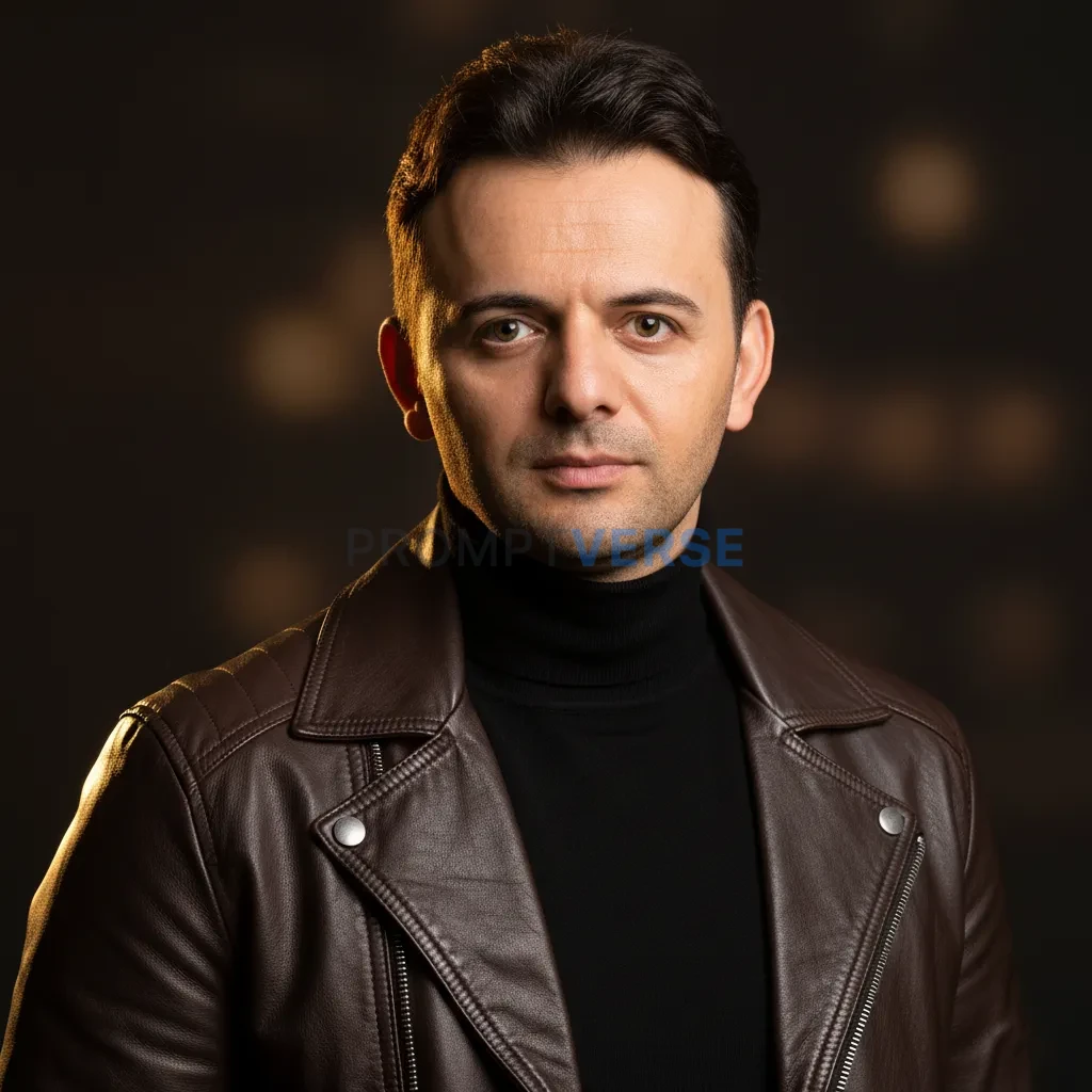 Close cinematic headshot, man in a sleek leather jacket over a turtlen