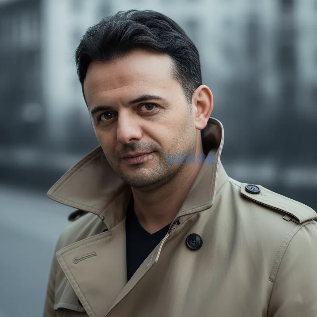 High-quality portrait of a man in a tailored beige trench coat with po